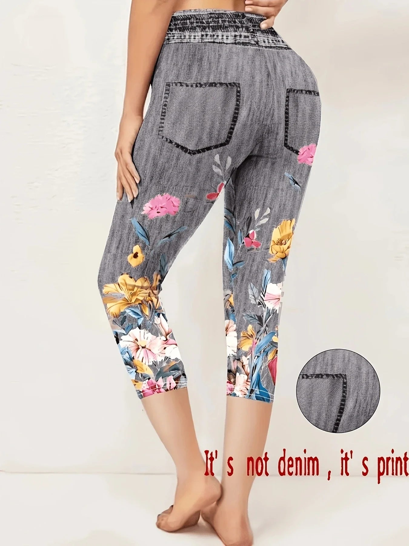 Women's Floral Print Capri Leggings - High-Stretch Faux Denim Slim-Fit Cropped Pants