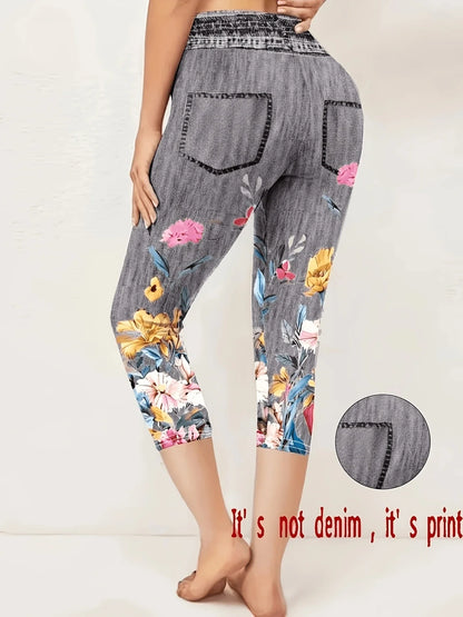 Women's Floral Print Capri Leggings - High-Stretch Faux Denim Slim-Fit Cropped Pants