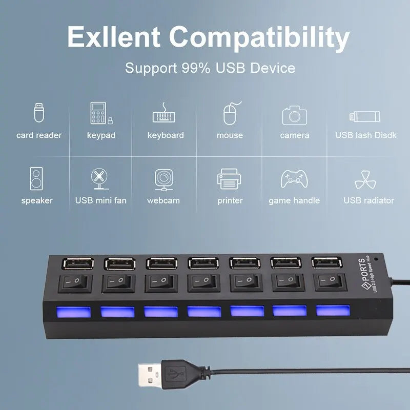 7-Port USB 2.0 Switch Extension Hub — One-to-Seven USB Splitter for PC, Laptop & Desktop