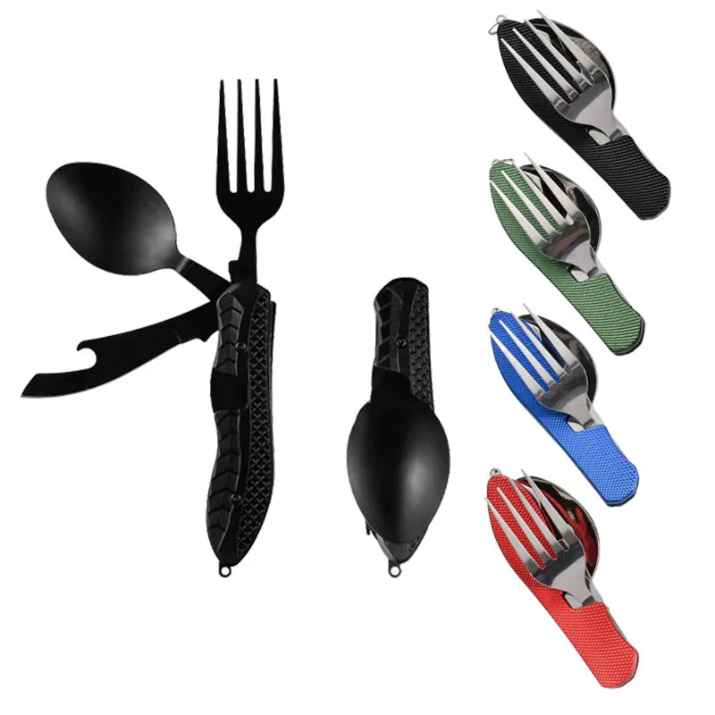 Portable Stainless Steel Camping Cutlery Set – Foldable Spoon, Fork, Knife & Bottle Opener Multitool