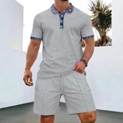 2025 Men's Summer Waffle Knit Short Set – Solid Color Zip-Up Lapel Shirt & Shorts | European & US Style