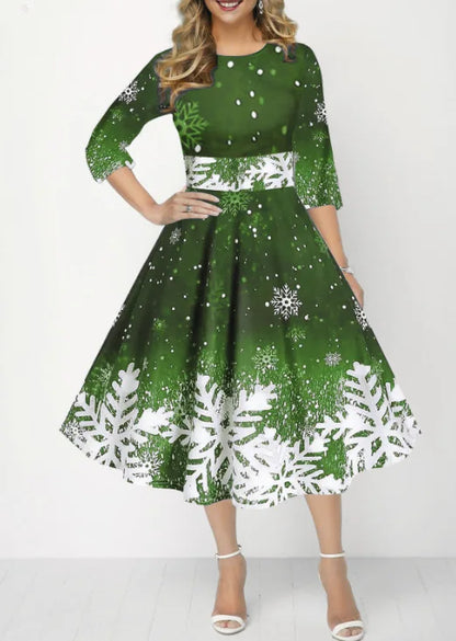 Women’s Winter Christmas Dress – Vintage Swing Robe with Half Sleeves, Elegant Casual Print Party Dress