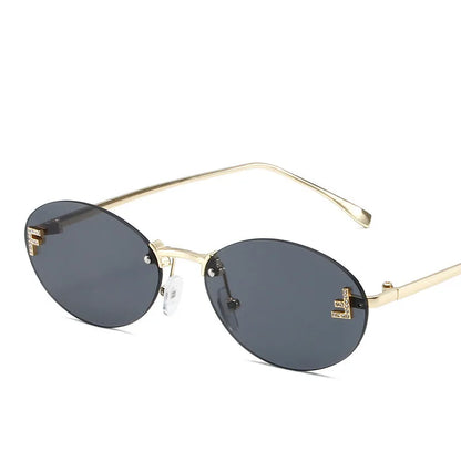 Diamond Letter "F" Rimless Sunglasses | Women’s Luxury Metal Frame Black Oval UV400 Shades