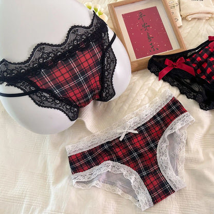 Sexy Lace-Trimmed Bow Tie Panties – Black & Red Checkered Kawaii Women’s Briefs for Party, Holiday & Vacation