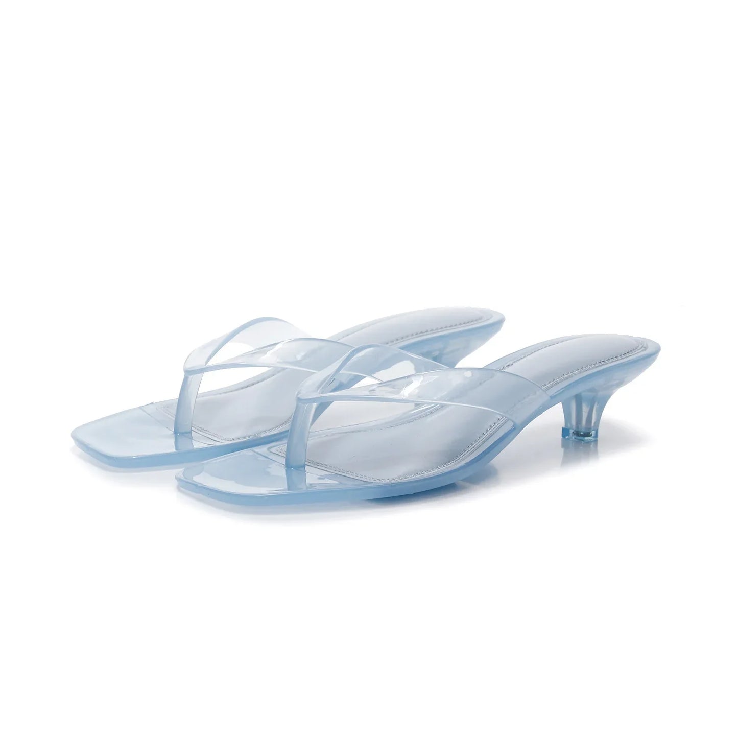 Women’s Crystal Jelly Slippers - Low Glass Heel Square Toe Summer Beach Sandals