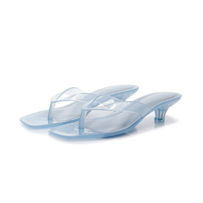 Women’s Crystal Jelly Slippers - Low Glass Heel Square Toe Summer Beach Sandals