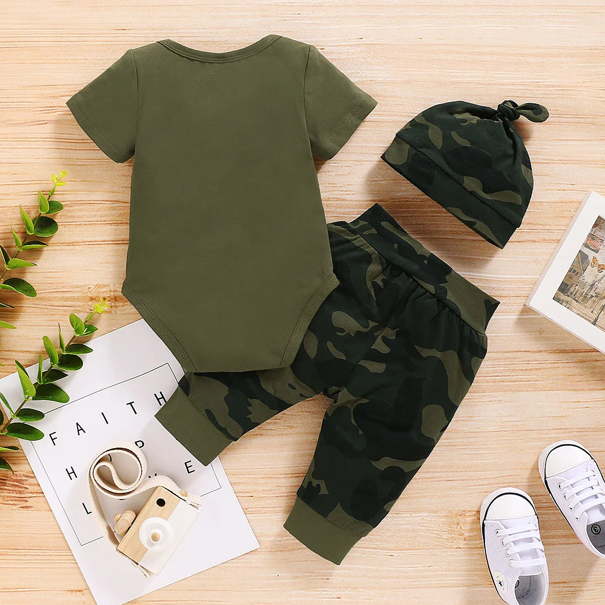 Newborn Baby Boy Summer Outfit – 3pcs Set with Letter Romper, Camouflage Pants & Hat, 0-18 Months