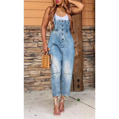 Women's Denim One Piece Jumpsuit - Sleeveless Straight Leg Overalls Romper for Casual & Office Wear