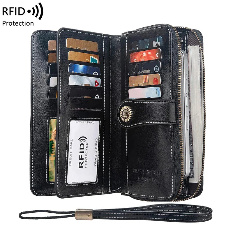 RFID Anti-Theft Retro Large Capacity Women's Wallet – Multi-Card Zipper Wallet with Wrist Strap