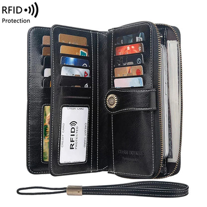 RFID Anti-Theft Retro Large Capacity Women's Wallet – Multi-Card Zipper Wallet with Wrist Strap