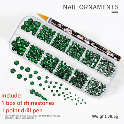 12-Grid 3D Glass AB Crystal Nail Art Rhinestones Kit – Flatback Round Beads with Tools for Nail Jewelry & Diamond Decoration