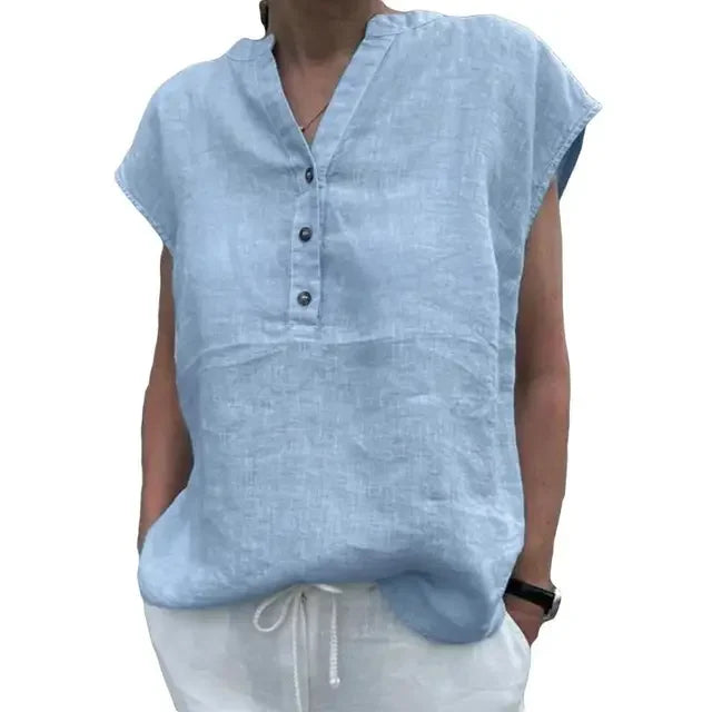 Women’s Cotton Linen V-Neck T-Shirt Blouse – Solid Color Short Sleeve Summer Quick-Dry Casual Top