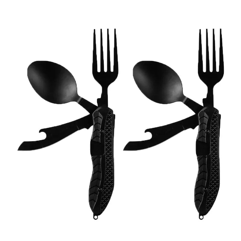Portable Stainless Steel Camping Cutlery Set – Foldable Spoon, Fork, Knife & Bottle Opener Multitool