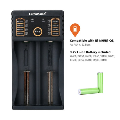 LiitoKala Lii-202 Battery Charger – Multi-Voltage 1.2V/3.7V Charging for 18650, 21700, 20700, 26650, 14500, 16340 NiMH & Li-Ion Batteries