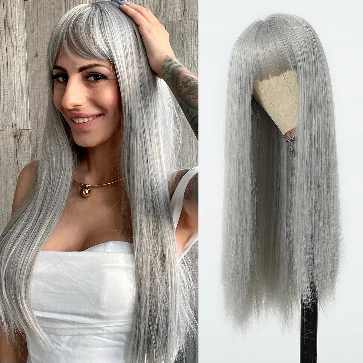 LOUIS FERRE Straight White Synthetic Wig – Long Natural Hair Wig with Bangs, Heat Resistant, Daily Wear for White Women