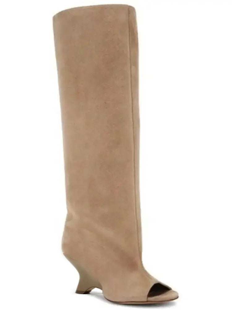2025 Women’s Fish Mouth Knee-High Boots – Thick Slant Heel Fashion High Heels Spring Summer Large Size