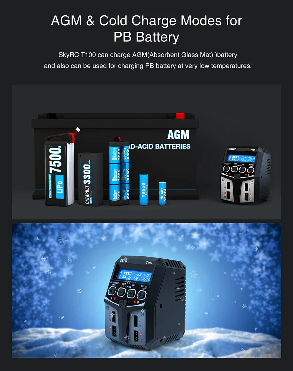 SKYRC T100 AC Dual 5A Lipo Battery Charger — 2x50W Balance Charger for 2-4S NiMH, NiCd, LiPo, LiFe, LiIon, LiHV RC Cars