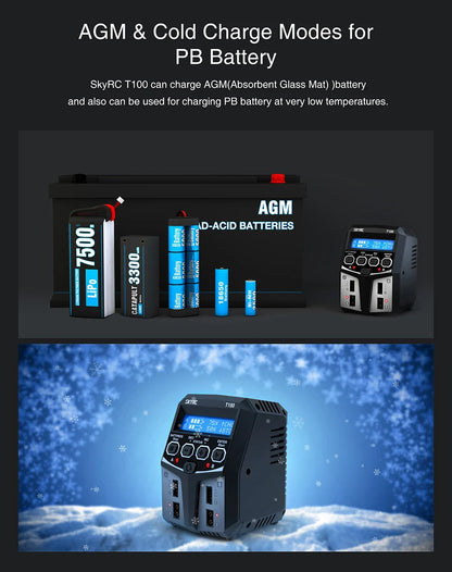 SKYRC T100 AC Dual 5A Lipo Battery Charger — 2x50W Balance Charger for 2-4S NiMH, NiCd, LiPo, LiFe, LiIon, LiHV RC Cars