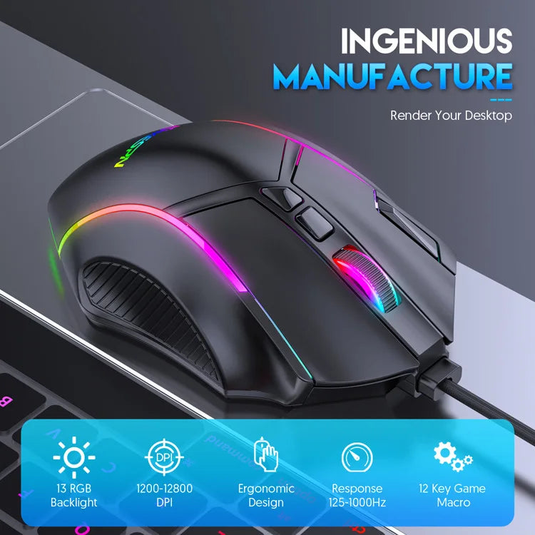 12800DPI RGB Gaming Mouse – Free Weight Macro with 12 Programmable Keys, 6-Level RGB Light for PC, Mac, PUBG, Laptop