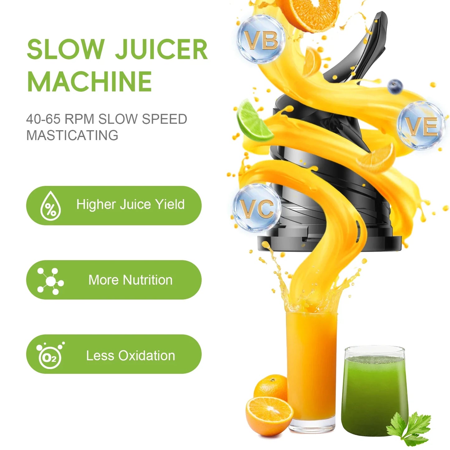 BioloMix Cold Press Juicer — 130mm Feed Chute, Whole Fruit & Vegetable Slow Masticating Juicer, High Yield BPA-Free
