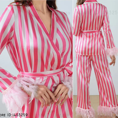 Women’s Pink Striped Pajamas Set – Satin Long Sleeve Loungewear & Loose Casual Home Wear