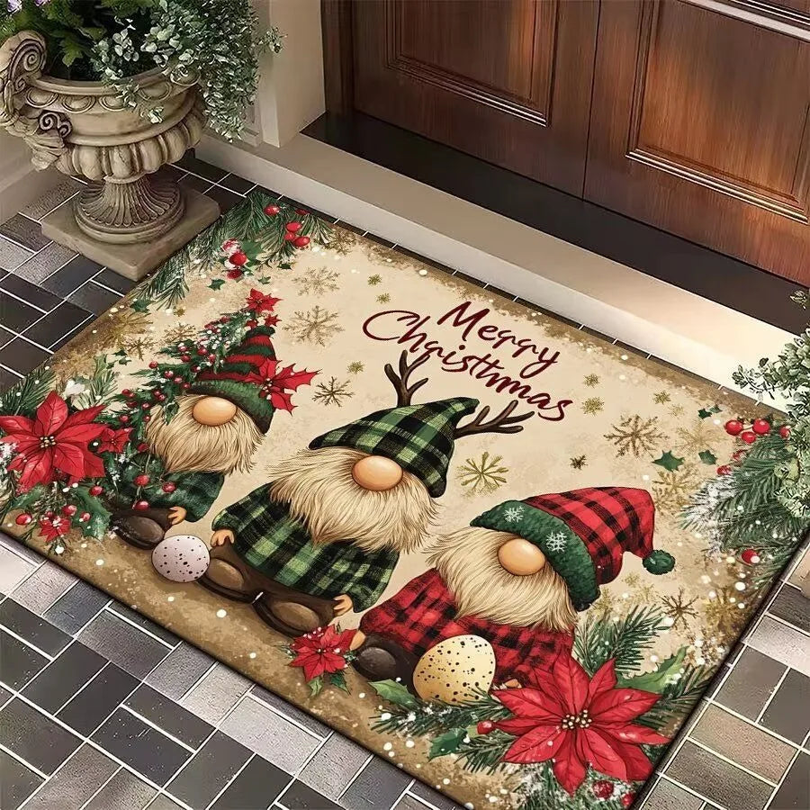 Christmas Festive Entry Door Mat — Santa Claus, Elk & Tree Holiday Anti-Slip Bathroom/Entrance Doormat