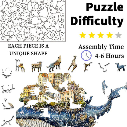 Artisan Whale Castle Wooden Puzzle – Handcrafted Animal Village & Marine Wall Art, Intermediate Family Game
