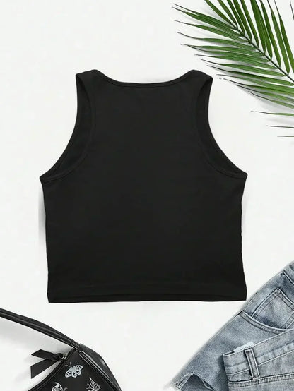 Women’s Vintage Cherry Print Crop Top Vest – Sleeveless Round Neck Sexy Summer Tank Top Tee