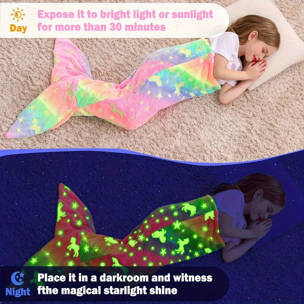Cartoon Rainbow Unicorn Mermaid Tail Blanket — Super Soft Glow-in-the-Dark Flannel Blanket, Perfect Gift for Girls