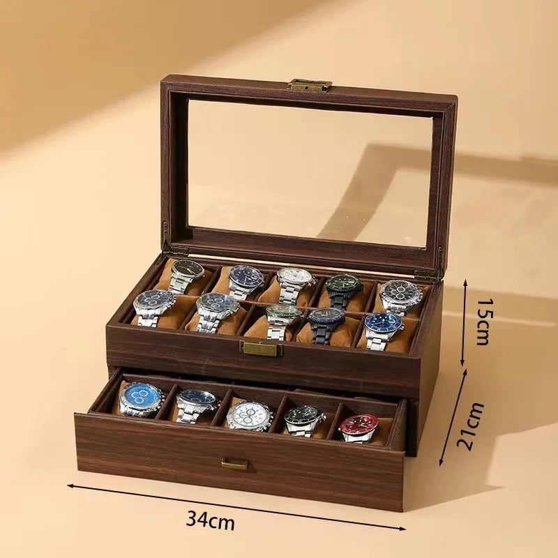 DELESYS Retro Imitation Wood Grain Leather Watch Box — Creative Gift Storage Case for Watches, Glasses & Accessories