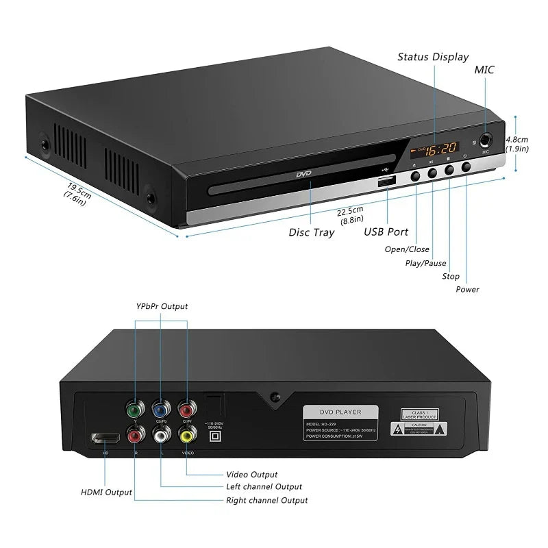 1080P HD DVD Player – All Region Free Home DVD Player with AV Output & Built-in MIC Port
