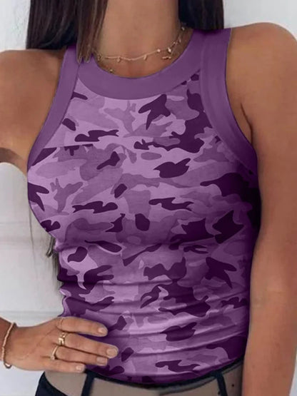 Women’s Summer Elastic Racerback Tank Top – O-Neck Stripe Print Sleeveless Basic Digital Print Sexy Casual T-Shirt