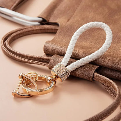Handcrafted Braided Rope Keychain – Sparkling Rhinestone Car Key Ring, Stylish Monochrome Fashion Accessory