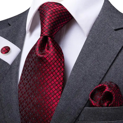 Hi-Tie Red Burgundy Plaid Silk Tie Set — Designer Men’s Necktie with Handkerchief & Cufflinks for Wedding or Business