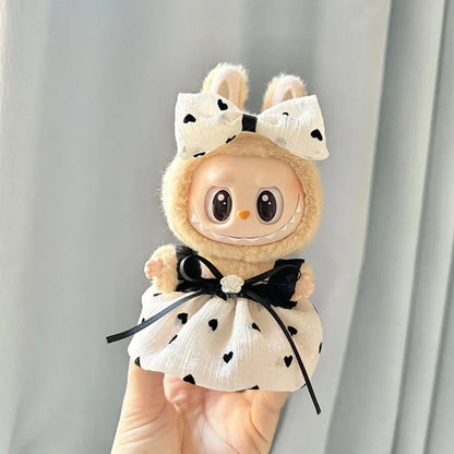 17cm Mini Plush Doll Clothes — Kpop Labubu Idol Outfit with Pink Silk Bow & Princess Gauze Skirt Accessories