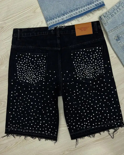 Streetwear Vintage Rhinestone Denim Shorts – Y2K Washed Baggy Casual Over-the-Knee Shorts for Men & Women
