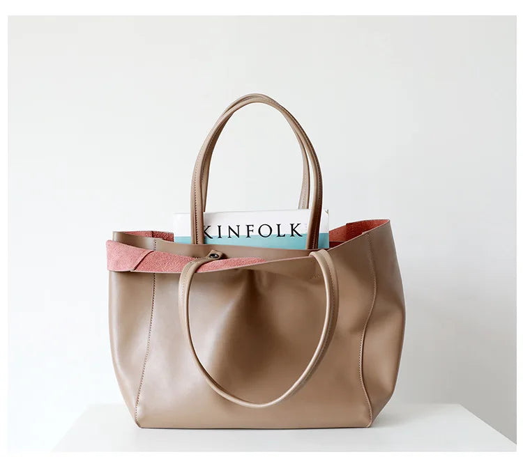 Customizable Name Large Capacity Commuter Bag – 100% Genuine Leather Soft Tote, Single Shoulder & Diagonal Shopping Bag