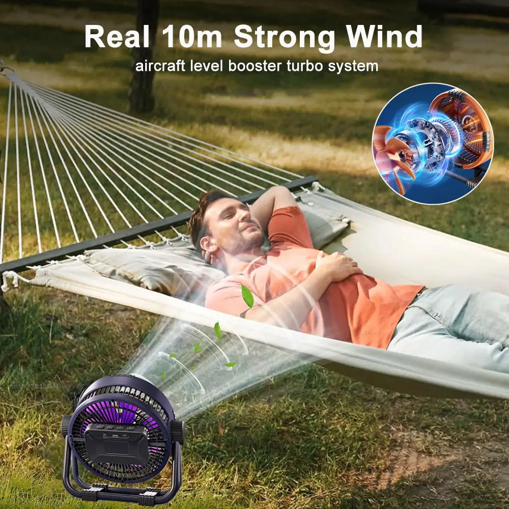 Camping Fan 20000mAh – Rechargeable Portable Outdoor Tent Fan with Air Circulator, Wireless Ceiling Fan, Hook, and Light