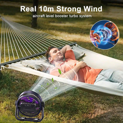 Camping Fan 20000mAh – Rechargeable Portable Outdoor Tent Fan with Air Circulator, Wireless Ceiling Fan, Hook, and Light