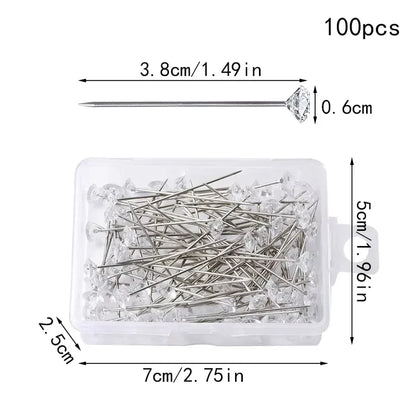 Fenrry 100PCS Diamond Head Pins – Crystal Corsage Sewing Pins, Straight Pins for Dressmaking & Party Decorations with Plastic Box