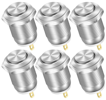 6PCS 12mm Momentary Push Button Switch – 12V Waterproof Chrome Stainless Steel, 2-Pin N/O Power Button