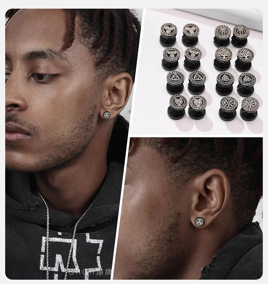 Vnox Men's Viking Black Stud Earrings - Vegvisir & Norse Valknut, Cool Punk Stainless Steel Set