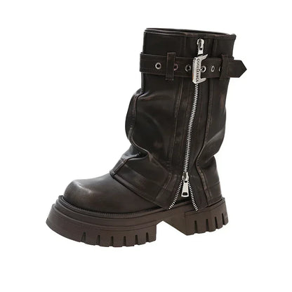 2023 New Women's Mid-Calf Boots – Fashion Belt Buckle, Side Zipper, Round Toe, High Quality