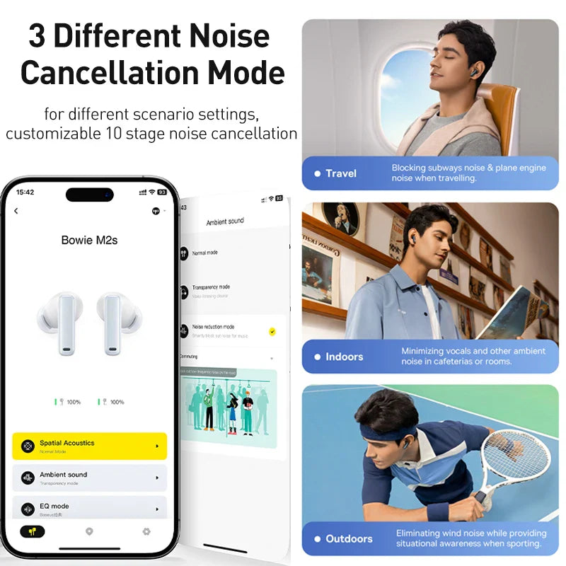 Baseus Bowie M2s ANC Earphones - Bluetooth 5.3, -48dB Active Noise Cancellation, 3D Spatial Audio Wireless Headphones