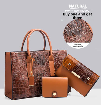 New Crocodile Pattern Handbag Set for Women — 3Pcs Tote, Shoulder Bag & Clutch, Large Capacity Fashion Set
