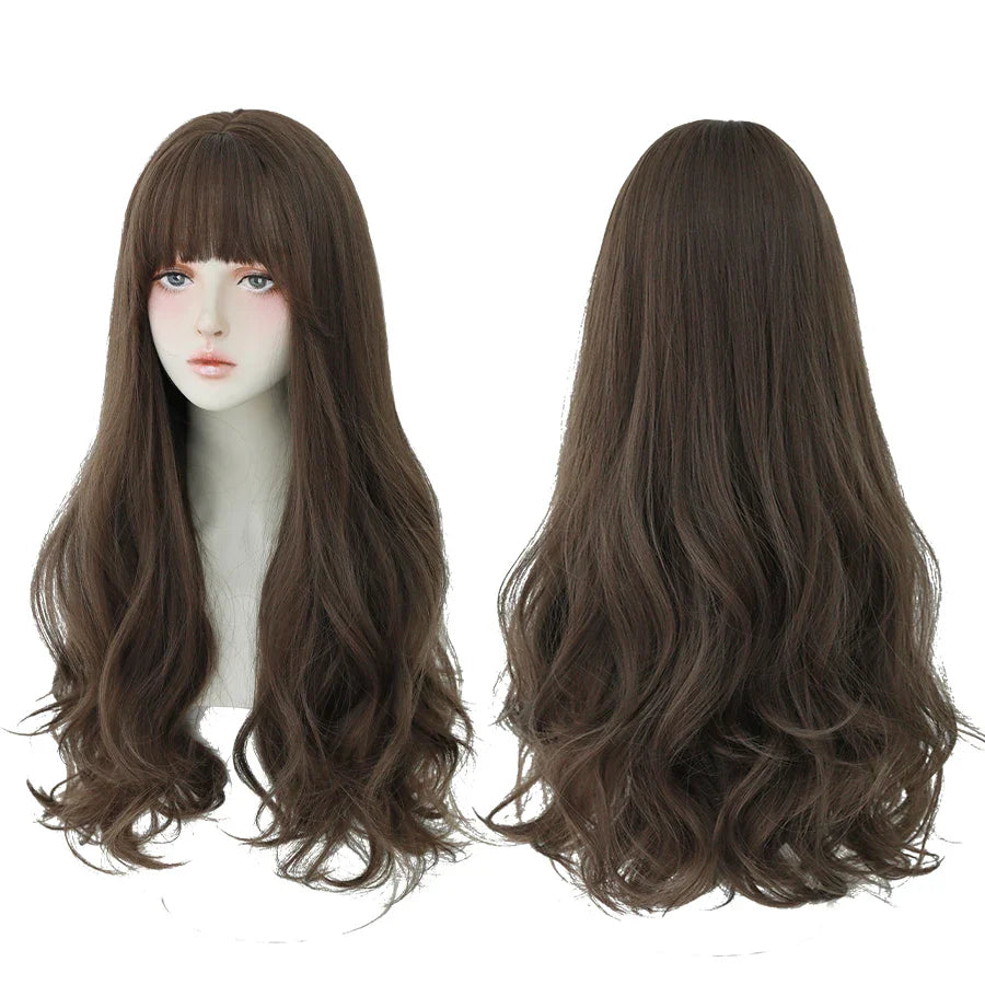 7JHH Brown Ash Long Deep Wave Lolita Wig for Women — Synthetic Hair with Bangs, Thick Curly Fashion Wig