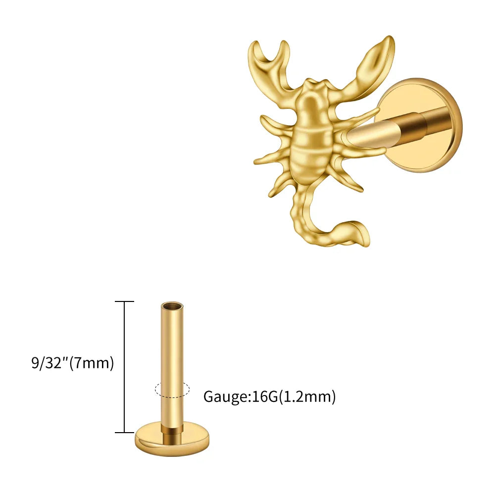 Right Grand ASTM F136 Titanium 16G Scorpion Labret Stud Earring – Flatback Zodiac Design for Tragus, Helix & Cartilage Piercing Body Jewelry