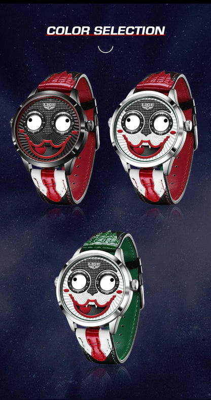 LIGE 2025 Men’s Creative Clown Quartz Watch – Waterproof Leather Strap Joker Fashion Wristwatch