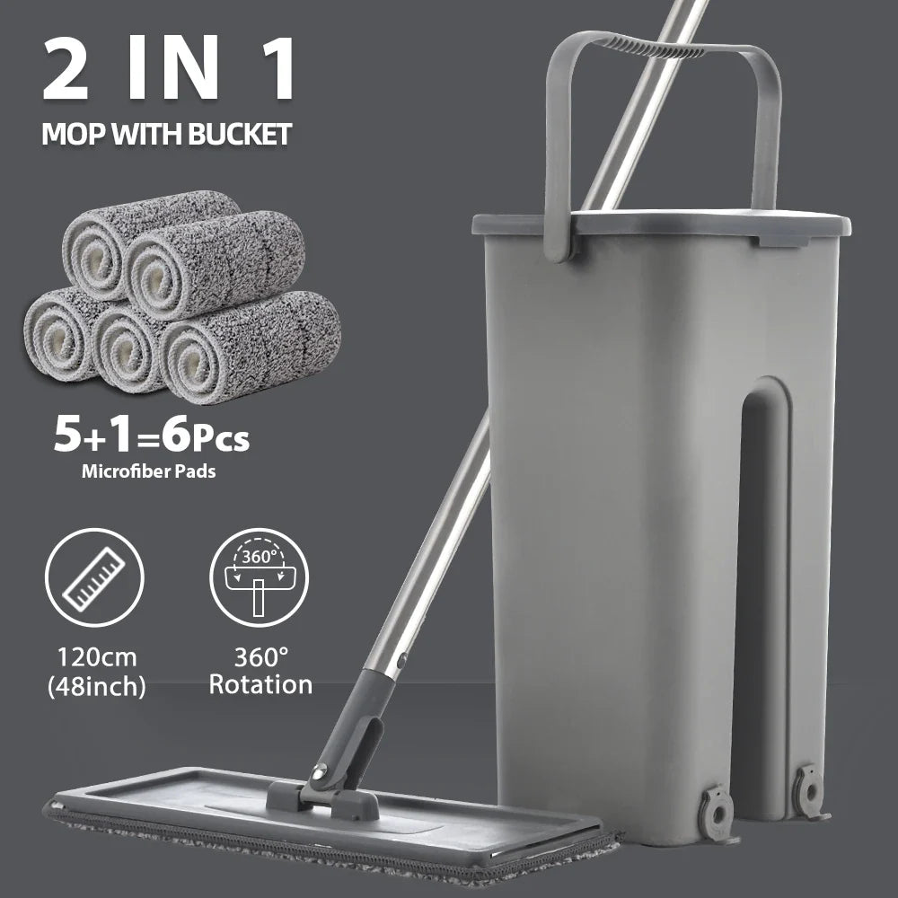 Hands-Free Flat Floor Mop & Bucket Set — Professional Home Cleaning System with Washable Microfiber Pads for Hardwood Floors