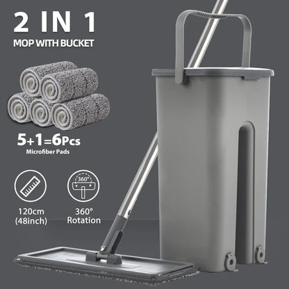 Hands-Free Flat Floor Mop & Bucket Set – Professional Home Cleaning System with Washable Microfiber Pads for Hardwood